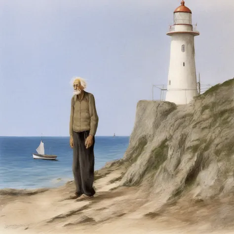 old man near the lighthouse, sentimental, 1boy, by montserrat gudiol