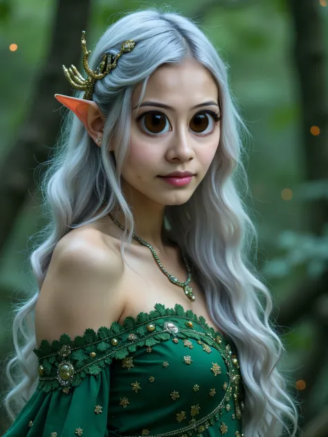 a close up portrait of A mystical elven woman with long silver hair, wearing an elegant emerald gown adorned with sparkling star patterns, standing in an enchanted forest with magical fireflies illuminating the night