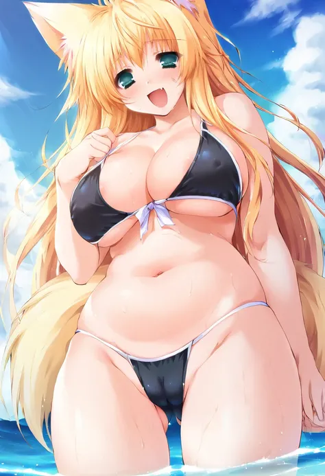 score_9, score_7_up,  1girl, 
huge breasts, wide hips, thick thighs, fox girl, genderswap, fox ears, genderswap (mtf), navel, open mouth, blonde hair, fang, smile, green eyes, very long hair, areola slip, tail, fox tail, thighs, kitsune, blush, curvy, swea...