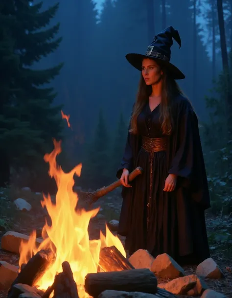 <lora:80s_dark_fantasy:1>,the image shows a witch standing at a firepit at night,