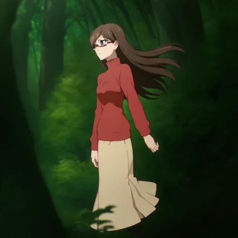 score_9, score_8_up, score_7_up, high quality, detailed face, anime coloring, anime style, Haruno Kirako, long hair, brown hair, olive eyes, semi-rimless eyewear, sweater, turtleneck, long skirt, forest background,