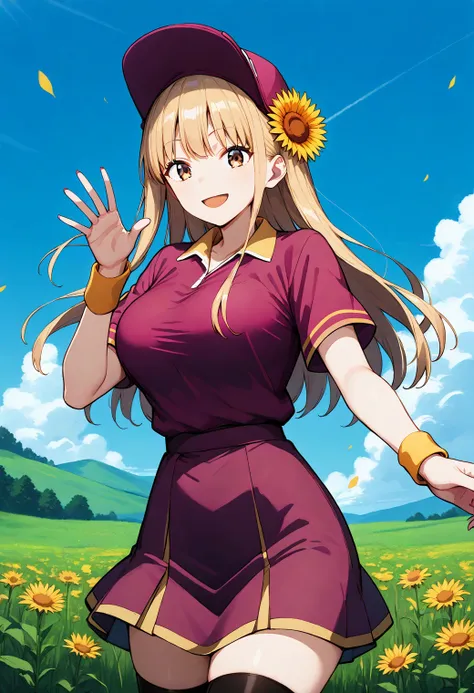 1girl, solo, (field:1.2), (sky:1.2), large breasts, smile, (cowboy shot, dynamic pose:1.4), 
ruriko, brown eyes, blonde hair, long hair, hair flower, (sunflower:0.2), magenta baseball cap, yellow wristband, magenta shirt, short sleeves, magenta skirt, blac...