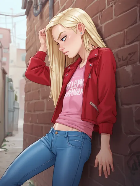 score_9, score_8_up, score_7_up,  score_6_up, BREAK, LilLily, Andystyle, 1girl, long hair, female, blue eyes, blonde hair, flat chest, solo, pink t-shirt, red jacket, jeans, alley, lean on wall <lora:LilLily:1>