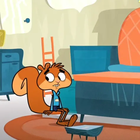 Scaredy Squirrel, blue shirt, blue shorts, squirrel, squirrel tail, black eyes, animal nose, animal ears, buck teeth, sitting, indoors,