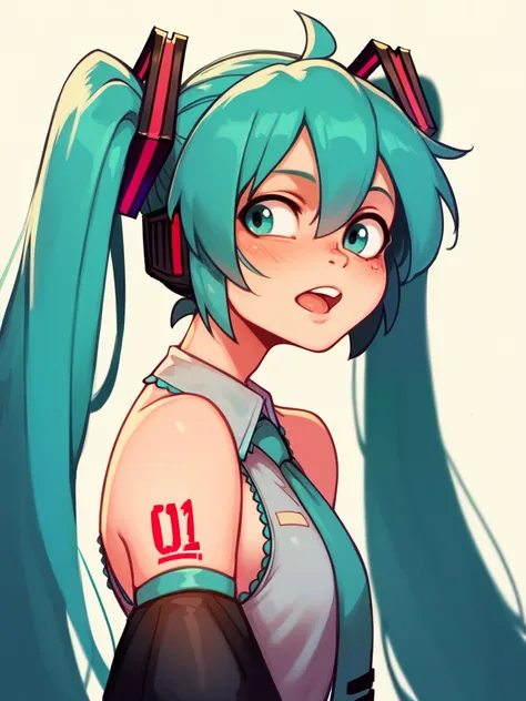 a close up of a person with long hair and a ponytail（hatsune miku)