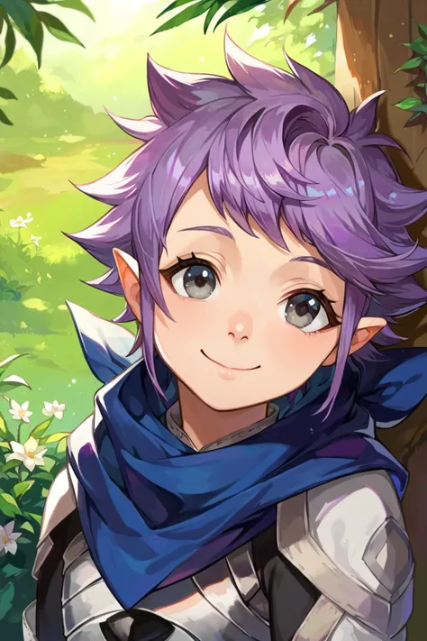 score_9, score_8_up, score_7_up, score_6_up, source_anime,<lora:mKanaFE_SDXL:1>,mkana_sdxl,closed mouth, outdoors, smile,purple hair, grey eyes,blue scarf,gloves, armor, upper body,