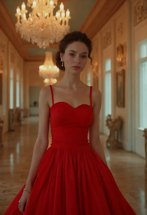 [VOGUE MAGAZINE PHOTOSHOOT] of an English woman wearing a flowing red sleeveless dress, standing elegantly in a grand ballroom, surrounded by chandeliers and ornate decor, with vibrant bubblegum pastel lighting, in the style of Wes Anderson. The womans hai...