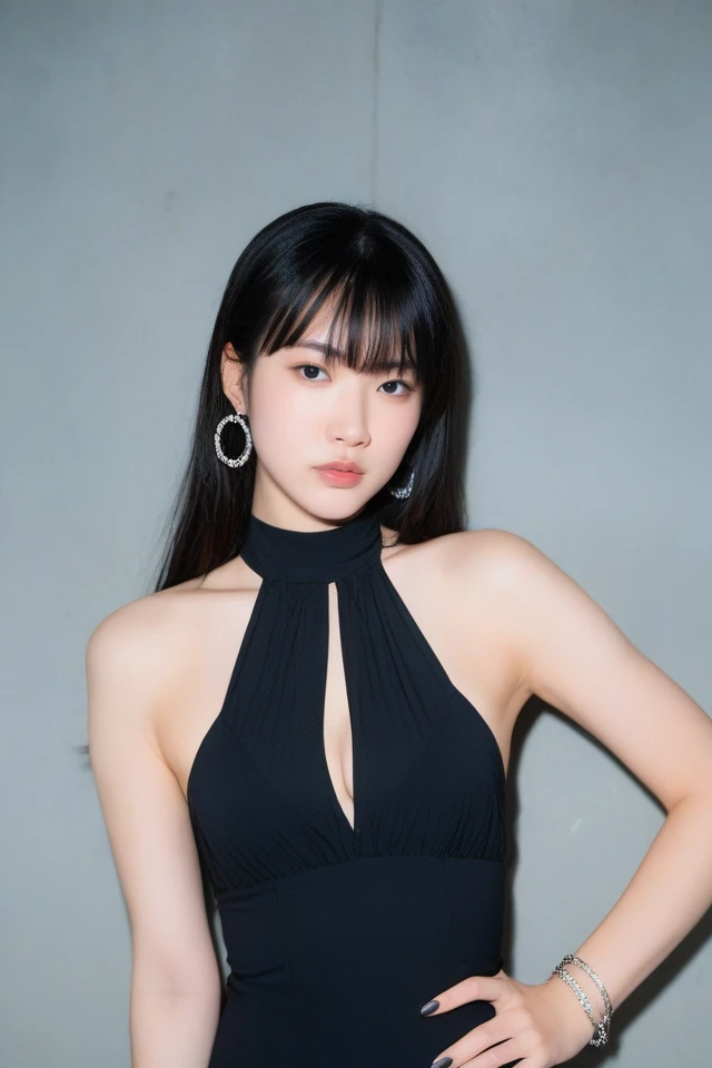 score_9,score_8_up,score_7_up,source_photo,masterpiece,4k,high quality,(best quality:1.1),1girl,solo,black hair,long hair,jewelry,hand on hip,realistic,earrings,dress,black dress,looking at viewer,sleeveless,nail polish,black eyes,bangs,sleeveless dress,li...