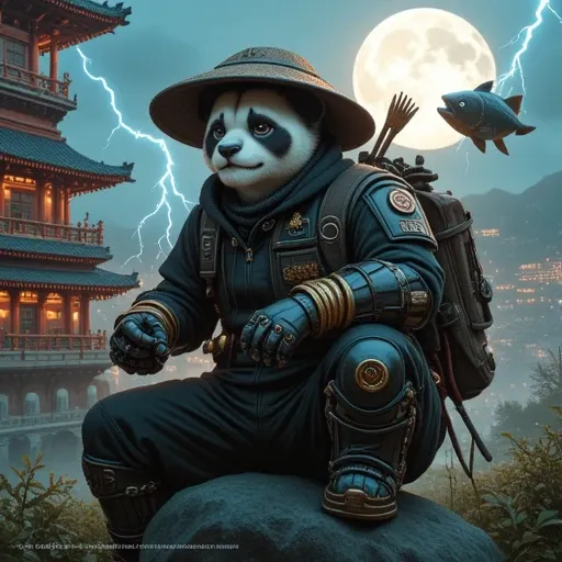 cyborg panda, gloves, castle, buttons, gas mask, black gloves, rock, bamboo, electricity, plant, weapon over shoulder, city, hat, arrow (projectile), fish, cable, prosthesis, full moon, car, pants, weapon