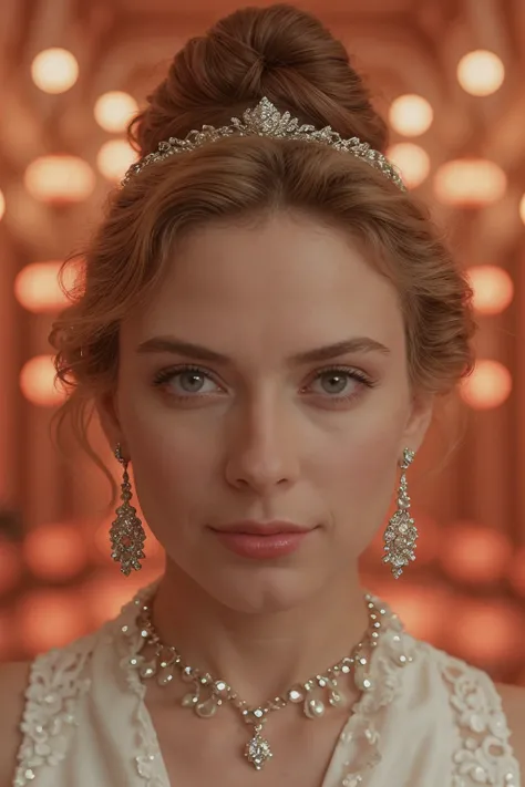 [VOGUE MAGAZINE PHOTOSHOOT] of an English woman wearing a flowing red sleeveless dress, standing elegantly in a grand ballroom, surrounded by chandeliers and ornate decor, with vibrant bubblegum pastel lighting, in the style of Wes Anderson. The womans hai...