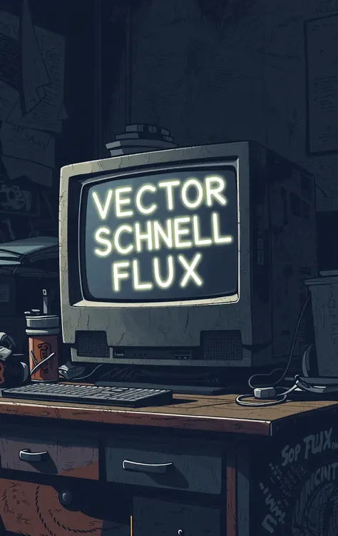 vector artstyle an old dusty detailed CRT monitor on a wooden desk in a dim room with items around, messy dirty room. On the screen are the letters “VECTOR SCHNELL FLUX” glowing softly.