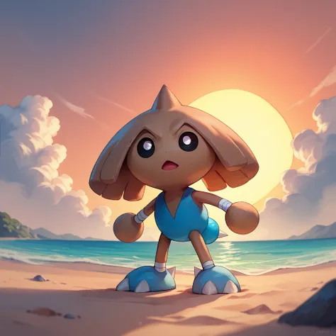 score_9, score_8_up, score_7_up, score_6_up, hitmontop, pokemon (creature), wrist wrap, ankle wrap, black sclera, white pupils featureless hands, brown blob hands, blue ball tail, tail spike, 


beach setting, large sunset over the horizon, partly cloudy,s...