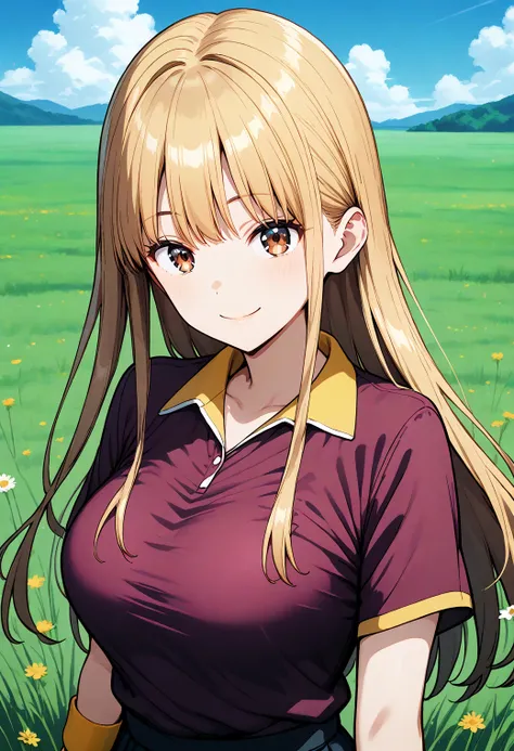 1girl, solo, (field:1.2), (sky:1.2), large breasts, smile, cowboy shot, 
ruriko, brown eyes, blonde hair, long hair, yellow wristband, magenta shirt, short sleeves, <lora:ruriko_pony_ver2:0.8>, score_9, score_8_up, score_7_up, source_anime, best quality, u...