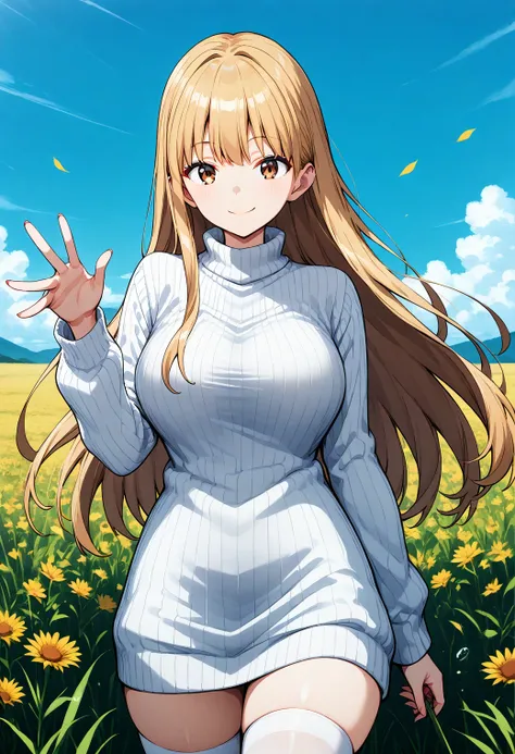 1girl, solo, (field:1.2), (sky:1.2), large breasts, smile, (cowboy shot, dynamic pose:1.4), 
ruriko, brown eyes, blonde hair, long hair, white sweater dress, turtleneck, long sleeves, thighhighs, zettai ryouiki, <lora:ruriko_pony_ver2:0.8>, score_9, score_...