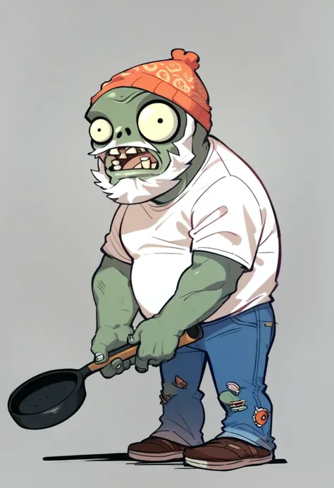 score_9_up, score_8_up, score_7_up, mikus-zombie, white beard, white t-shirt, jeans, frying pan on head,