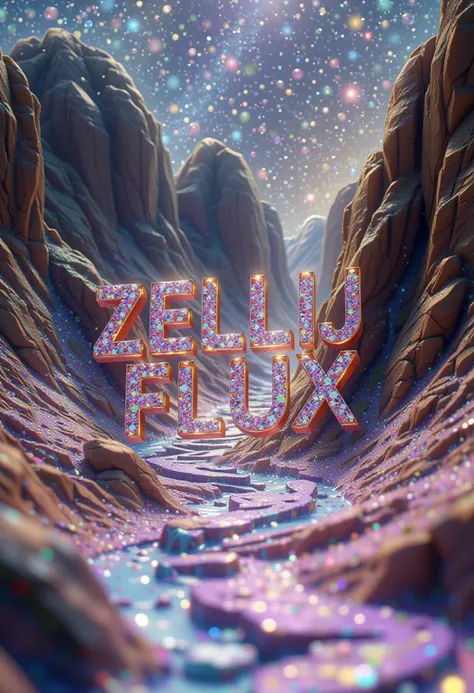 A title text saying "ZELLIJ FLUX"  3d text made of moasaic zellij, BREAK
a breathtaking illustration of an iridescent landscape, surreal, particles, chromatic aberration, lens dirt, scenery, glowing, bloom, shiny . award-winning, professional, highly detai...