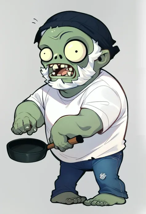 score_9_up, score_8_up, score_7_up, mikus-zombie, white beard, white t-shirt, jeans, frying pan on head,