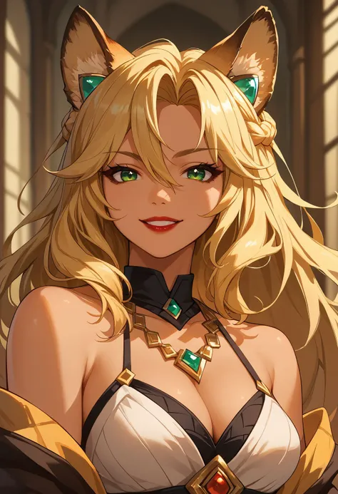 score_9,score_8_up,core_7_up, <lora:xilonen_genshin_impact_pdxl_goofy:1>1girl, animal ears, bare shoulders, blonde hair, braid, breasts, cleavage, dark skin, green eyes, grin, hair between eyes, head tilt,  long hair, looking at viewer, red lips, smile, so...