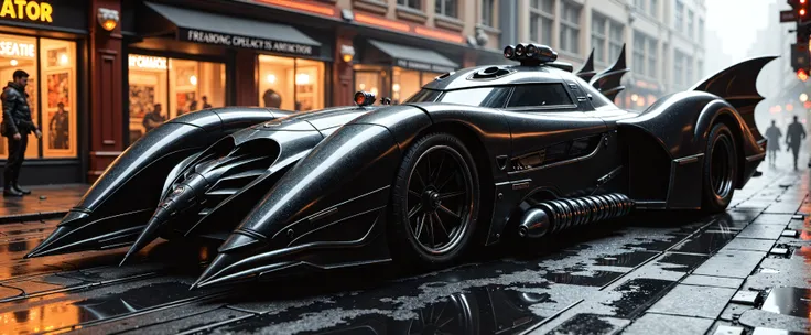 A creative image of a futuristic black Batmobile, intricate details, armored car, missile launcher, oversized tires, dynamic angle, set against the backdrop of Arkham city streets, bright neon lights, blending the dark, gothic, and industrial styles of H.R...