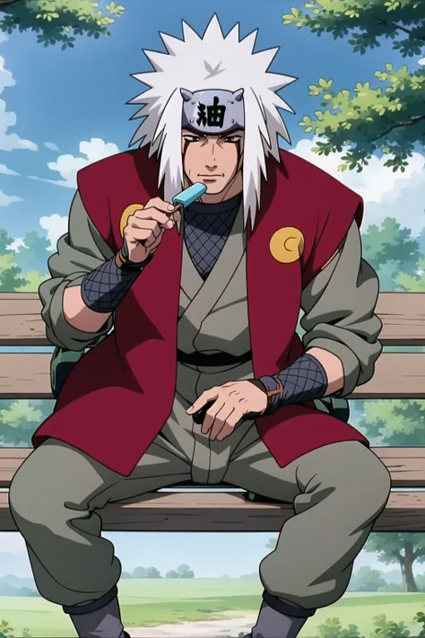 masterpiece, best quality, <lora:Jiraiya_512x512-000009_v4:0.7>,  jiraiya, 1man, sitting on bench, holding, Popsicle, tree