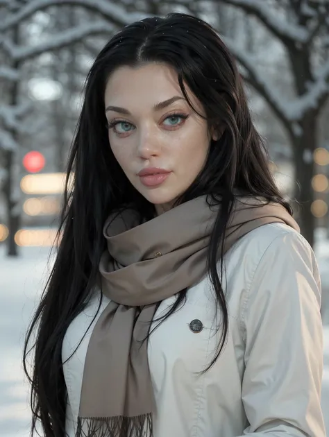 <lora:PH_MelinaMason:1> phme8ma, 1girl, solo, long hair, very long hair, upper body, outdoors, scarf, depth of field, blurry background, snow, freckles, curly hair, realistic, winter