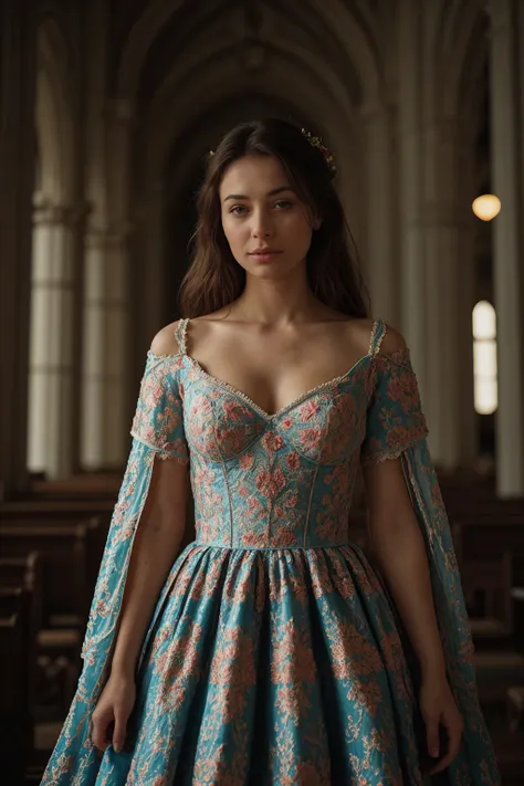 The photograph, reminiscent of [photographers name], captures a 21-year-old woman standing gracefully in a grand cathedral, her vibrant traditional Russian folk dress with colorful patterns and intricate embroidery cascading around her curvaceous figure, i...