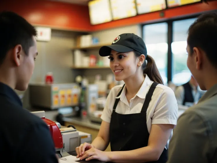 a 35mm candid portrait photograph of a woman working at a fast food restaurant. She is wearing a uniform and working at the cash register. Her hair is in a ponytail and she has a hat on as part of her uniform. There are customers waiting in line as she tak...