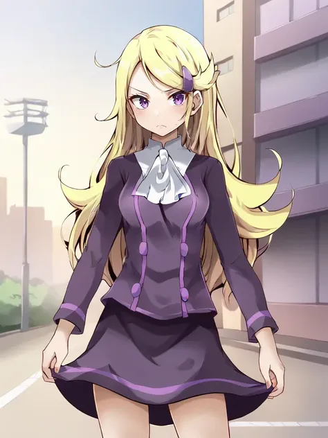 <lora:acetrainerXYtsukishiro:1>
1girl, solo, xacetrainery, blonde hair, long hair, hairclip, purple shirt, white ascot, long sleeves, purple skirt, standing, outdoors, city, cowboy shot, serious,