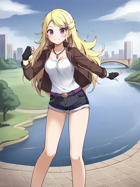 <lora:acetrainerXYtsukishiro:0.7>
1girl, solo, xacetrainery, blonde hair, flipped hair, long hair, purple eyes, purple hairclip,white shirt, brown jacket, fingerless gloves, denim shorts, necklace, outdoors, city, river, bridge, standing, dynamic pose, smi...