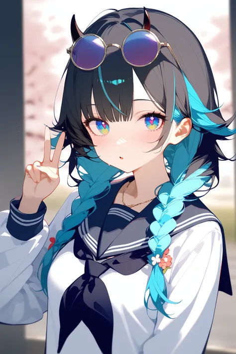 masterpiece,best quality,1girl,eyewear_on_head,solo,horns,multicolored_hair,braid,sailor_collar,looking_at_viewer,school_uniform,long_sleeves,blush,jewelry,upper_body,necklace,colored_inner_hair,serafuku,black_neckerchief,white_shirt,sunglasses,twin_braids...