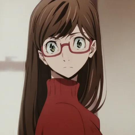 score_9, score_8_up, score_7_up, high quality, detailed face, anime coloring, anime style, Haruno Kirako, long hair, brown hair, olive eyes, semi-rimless eyewear, sweater, turtleneck, cowboy shot