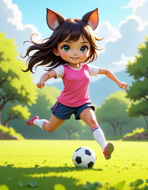 a cute and beautiful girl with mouse ears is playing soccer in TzigoAnimeStyle, 20 years old,