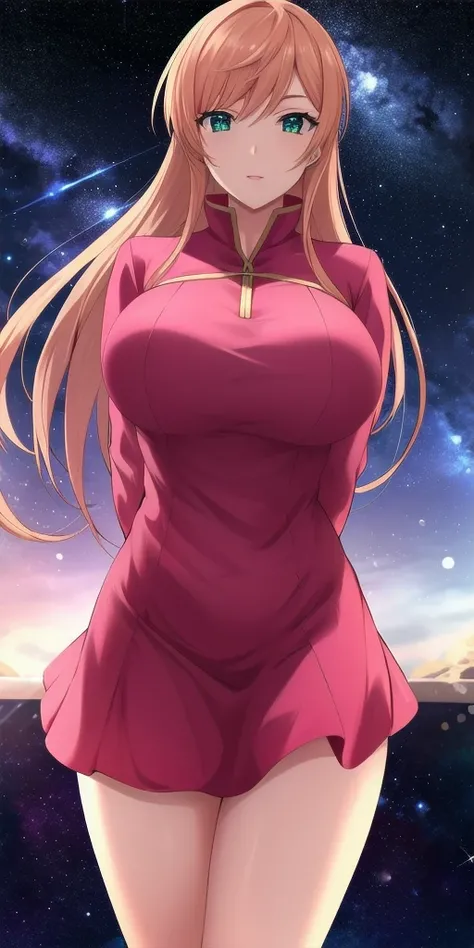 <lora:Nike_LemercierV2:0.7> nike_lemercier, huge_breasts, standing, solo, arms_behind_back, starry_sky, pink_short_dress_high_collar, masterpiece, best_quality, detailed_face, detailed_eyes, highres, beautiful, detailed, absurdres,