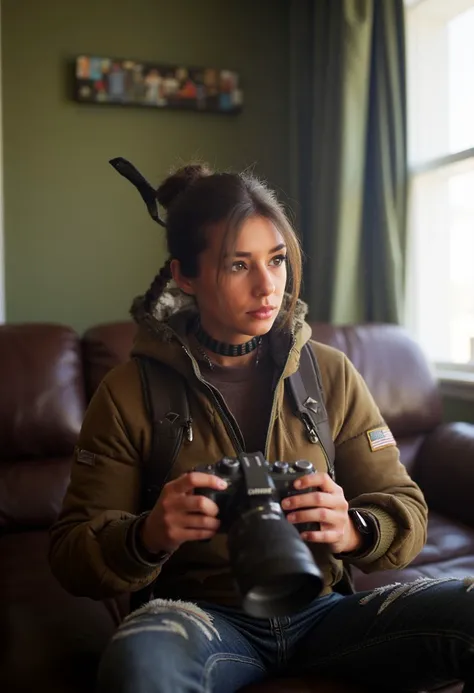 (Sara Avalon:1.2), photograph, 1980s, film grain, retro Kodak film. Shes sitting in a living room, wearing adventure gear and holding a camera. Pensive expression