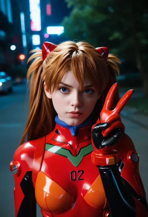 score_9, score_8_up, score_7_up, score_6_up, score_5_up, score_4_up, realistic
souryuu asuka langley, neon genesis evangelion, plug suit, looking at viewer, facing viewer, expressionless, red bodysuit
Peace sign, gloves, blue eyes, outdoors, night, street,...