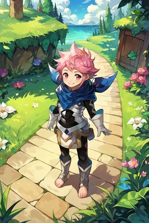 score_9, score_8_up, score_7_up, score_6_up, source_anime,<lora:mKanaFE_SDXL:1>,mkana_sdxl,closed mouth, outdoors, smile,pink hair, pink eyes,blue scarf,gloves, armor, full body, standing,