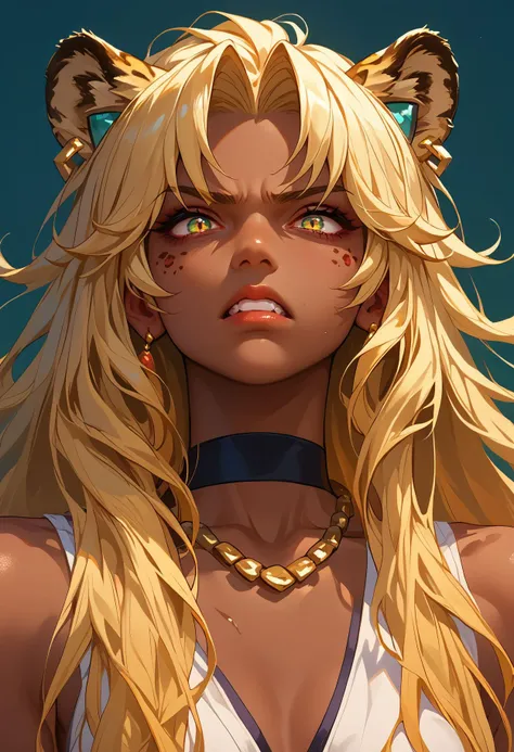 score_9,score_8_up,core_7_up, <lora:xilonen_genshin_impact_pdxl_goofy:1>xilonen-gi ,1girl, animal ears,solo,blonde hair, leopard tail, very long hair, dark skin, dark-skinned female, rough