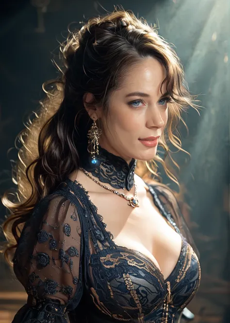 score_9, score_8_up, score_7_up, masterpiece, best quality, Visually powerful, (dark environment:1.2), 1woman, dark wavy hair, (((steampunk))), (colored latex with lace), turtleneck, long earrings, necklace, elegant, 8K, extremely detailed, decorated cloth...