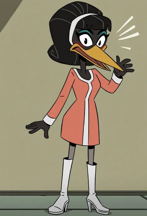 score_7_up, score_8_up, score_9, perfect hands, high quality,
BlackHeron2017, DuckTales, DuckTales 2017, anthro, furry, anthro bird, cartoon, female, solo, 1girl,
black body, black hair, yellow beak, white hairband,
white knee-high boots, white go-go boots...