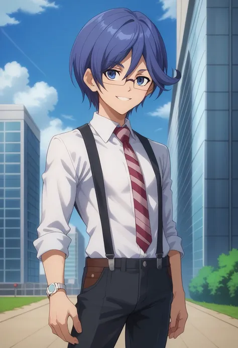 score_9, score_8_up, score_7_up, source_anime, highly detailed, 
Kajuin, 1boy, male focus, solo, blue hair, blue eyes, glasses, necktie, suspenders, smile, upper body, watch, wristwatch, shirt, white shirt, collared shirt, long sleeves, pants,
outdoor, sky...