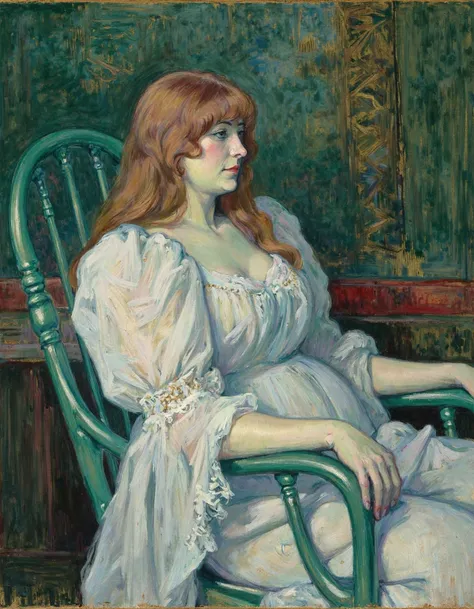 The art by Ltrc depicts a woman seated on a green chair. She has long auburn hair. The woman is wearing a white flowing dress with delicate lace details. The background is a mix of deep green and dark blue with hints of red and gold. The overall compositio...