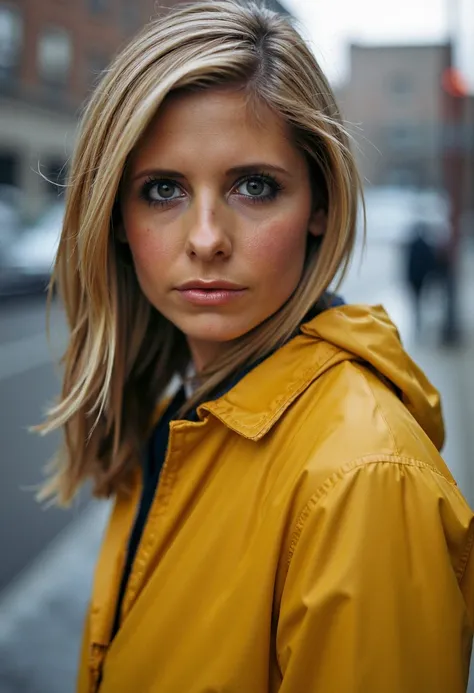 portrait of Sarah Michelle Gellar wearing a raincoat. shot on a Hasselblad H2F