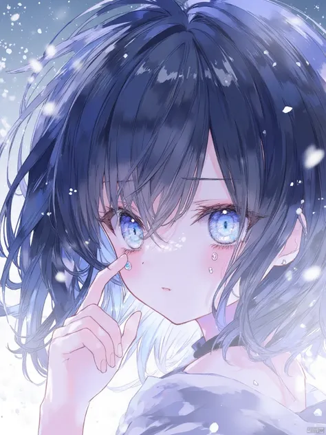 yunran,A girl with short black hair and blue eyes. The girl has fair skin. She is wearing a ring on her left hand and is about to wipe away the tears from her left eye. Her eyes are blue and her hair is fluttering in the wind. The background is a mixture o...