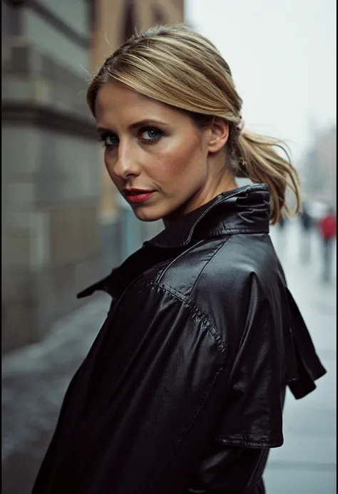 portrait of Sarah Michelle Gellar wearing a raincoat. shot on a Hasselblad H2F