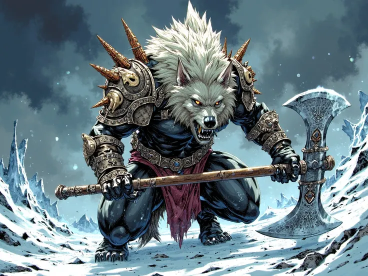 kaelngu style, comicbook illustration, vivid fantasy-themed artwork featuring a menacing werewolf creature in a snowy icy environment. The creature is adorned in intricately designed armor in shades of black and silver with ornate patterns and symbols and ...