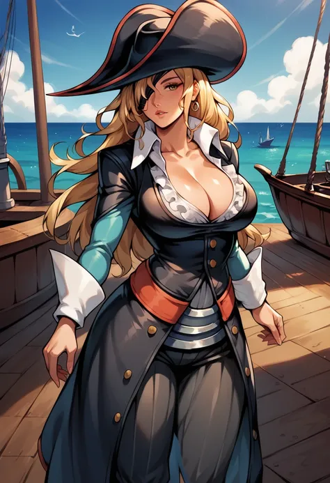 score_9, score_8_up, score_7_up,  source_anime,  BREAK,   <lora:RubyMVC2:0.8>,  RubyMVC2, long hair, blonde hair, pirate hat, eyepatch, coat, cleavage, frilled shirt collar, wrist cuffs, puffy pants, large breasts,  parted lips,  sea, wooden floor, ship, g...