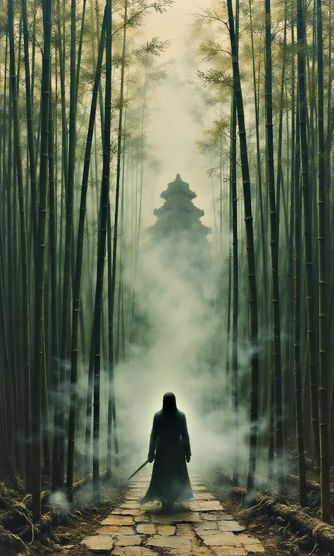 fenlie，A serene, mysterious cover depicting a lone swordsman standing in a dense bamboo forest, his silhouette barely visible through the mist that envelops the scene. The bamboo stalks are tall and slender, painted in deep, rich greens with subtle ink-was...