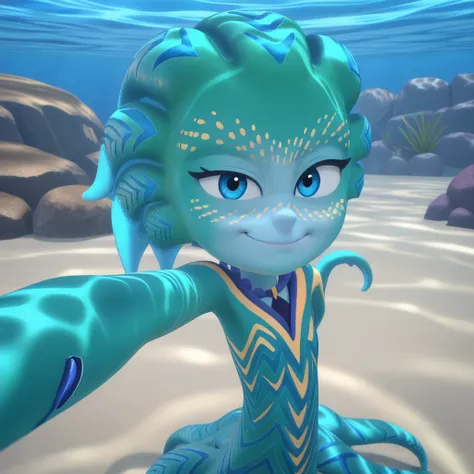 score_9, solo, cute, octobella, blue eyes, blue skin, tentacles, underwater, smirk, selfie