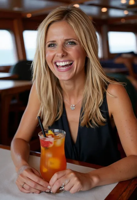 portrait of Sarah Michelle Gellar laughing while have a drink on a cruise ship. shot on a Nikon D3x