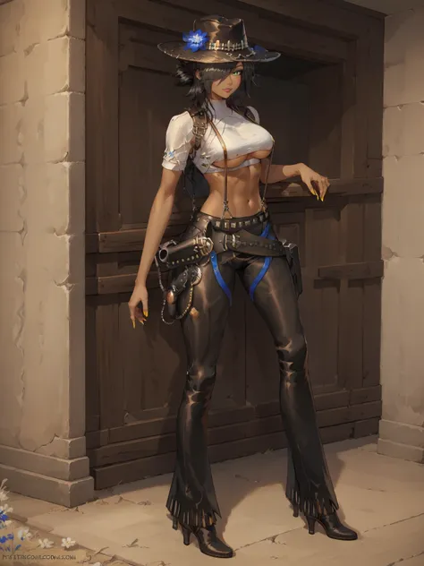 <lora:Colt_Walker_Girls_Frontline:0.84> walker, dark-skinned female, black hair, swept bangs, hair over one eye, dark skin, green eyes, breasts, cowboy hat, blue flower on hat,white top, underboob, middriff, suspenders,holster,  leather pants, belt, heels,...